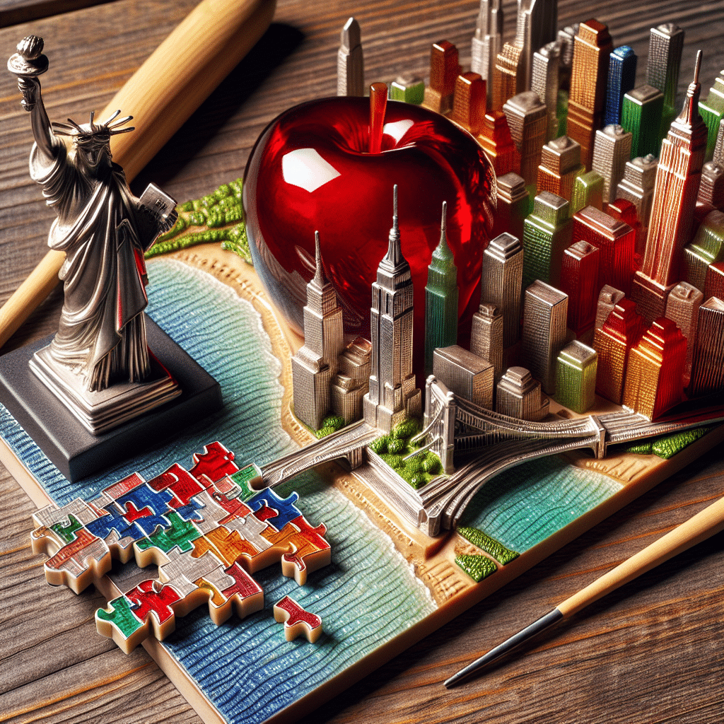 An array of iconic gifts that symbolize the Empire State, New York. To the left, a highly detailed silver model of the Statue of Liberty, placed on a fine wood table. Nearby, a shiny red apple made of glass, reflecting light, exemplifying the city's nickname 'The Big Apple'. In the center, a dimensional puzzle of Manhattan's skyline, made from multicolored, visibly interlocking pieces. To the right, a tiny, well-crafted wooden baseball bat, representing the state's rich baseball history. The items are arranged on a rustic wood surface, angled for the perfect overhead view.
