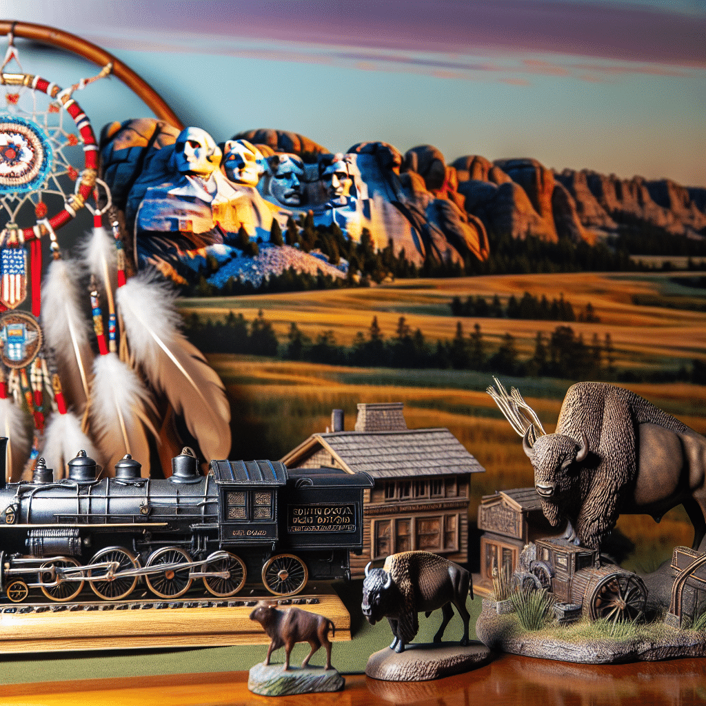 A collection of symbolic items related to the history of South Dakota. The collection includes an intricately crafted Native American dreamcatcher, a miniature replica of the Mount Rushmore in all its grandeur, a beautifully designed vintage locomotive to depict the contribution of railroads in the state's development, and a Bison, representing the state's wildlife. All items are showcased elegantly on a wooden table with a backdrop of South Dakota's scenic landscape displaying its vast prairies and the Badlands National Park.