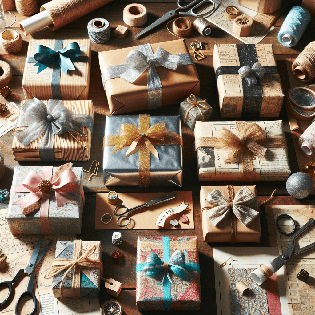 Visualize a variety of unique and creative gift wrapping techniques. Imagine an array of differently shaped gifts placed on a crafting table. A few are wrapped in shiny metallic paper with intricate bow designs, one gift is covered in a vintage map-paper with twine, another in recycled fabric with handmade tags, and a few more are enveloped in newspaper with colorful ribbons. Include elements like scissors, craft paper, ribbons, gift tags, and a glue gun, illustrating the enthusiasm for crafts. No people are visible in the scene.