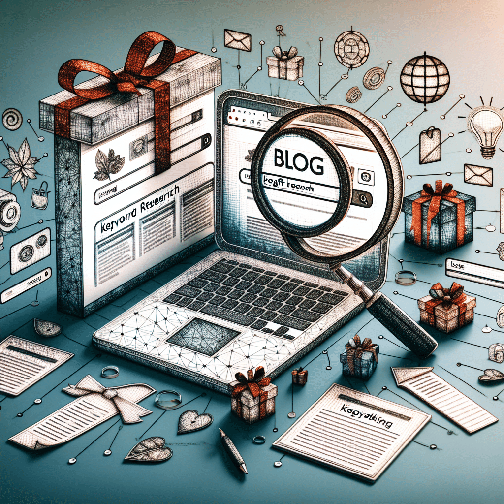 An intricate digital representation of the concept of keyword research for gift bloggers. This could include graphic representations of gift images associated with blogging like wrapped gifts, gift boxes and handwritten notes, combined with symbols of research such as magnifying glass focused on keywords and search bars. To represent the blogging aspect, depict a laptop with a blog layout but without any text on the screen. Set the scene on a minimalist desk. Please do not include any people or text within this image.