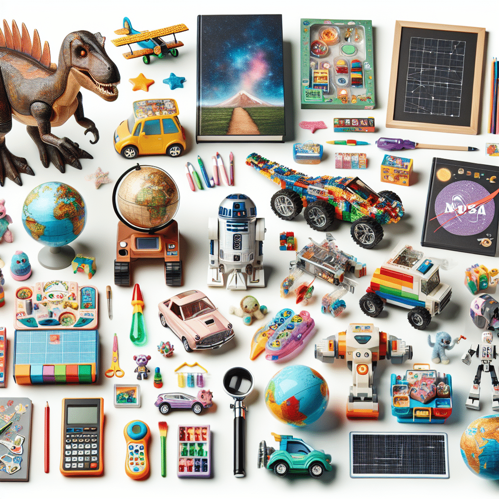 An array of exciting toys suitable for school-aged children. The assortment should include a model dinosaur, a science experiment kit, a mini solar-powered car, a colorful puzzle, a space-themed LEGO set, an educational board game, a telescope for young astronomers, a creative art supply kit, an interactive globe, a math learning tool, a set of books on various subjects, and a DIY robot building kit. Please don't include any text or human figures within the image.