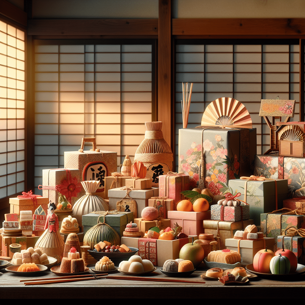 An assortment of traditional gifts for a Japanese Obon Festival, arrayed on a wooden table. The gifts include beautifully packed foods like fruits, sweets, and traditional mochi; as well as Japanese paper fans, lanterns, and incense sticks. Each item is detailed and colorful, exuding a festive vibe. The background features a Japanese house with sliding paper doors and minimalistic decor. The warm glow of the setting sun seeps through the windows adding a serene ambiance. The entire scene represents the enthralling spirit of Obon festival without displaying any people or text.