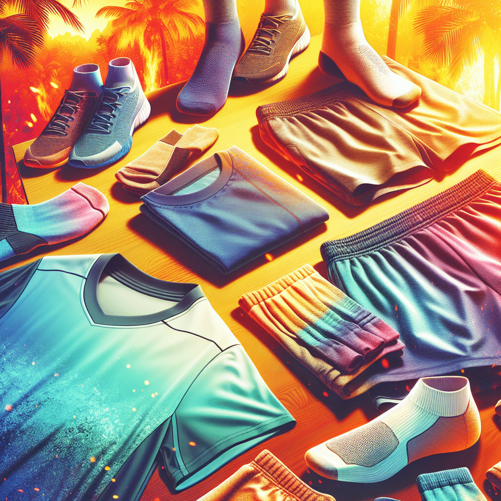 Close-up depiction of an array of breathable athletic wear. The attire is suitable for hot climates, consisting of lightweight fabrics. Items include running shorts, moisture-wicking t-shirts, and sweat-resistant socks. The fitness gear is displayed against a backdrop that suggests a tropical setting, with palm trees and glowing warm sunlight. The color scheme is dominated by vibrant hues reflecting heat and sunshine. However, per the request, there are no people shown using these items, the only focus is the athletic gear itself.