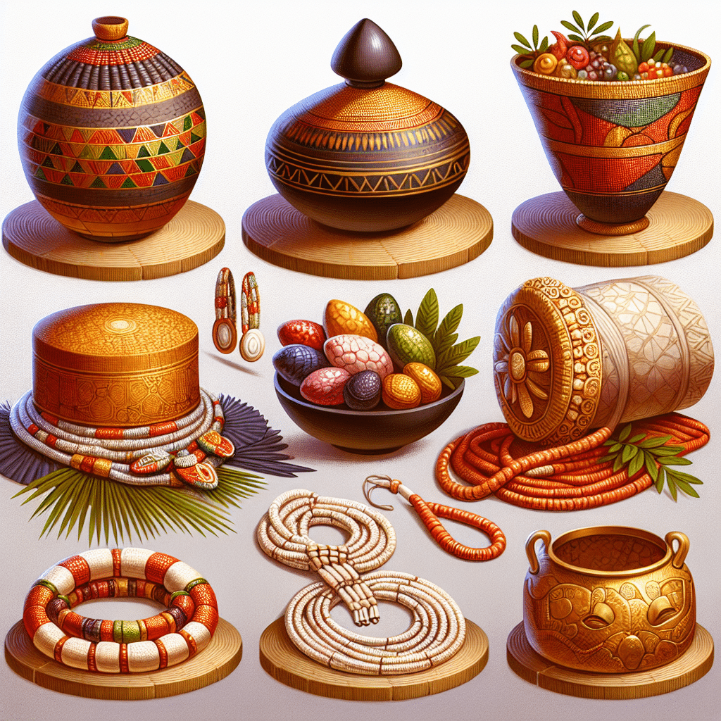 Visualize seven different and culturally apt gifts typically given at Nigerian traditional weddings. These may include a beautifully adorned calabash, a vibrant colored aso-oke, a string of ornate coral beads, a leather Kano cap, an intricately woven Ankara fabric, a bundle of lush kola nuts, and a gleaming brass Benin art sculpture. Care must be taken to ensure the image does not include any human figures or text.