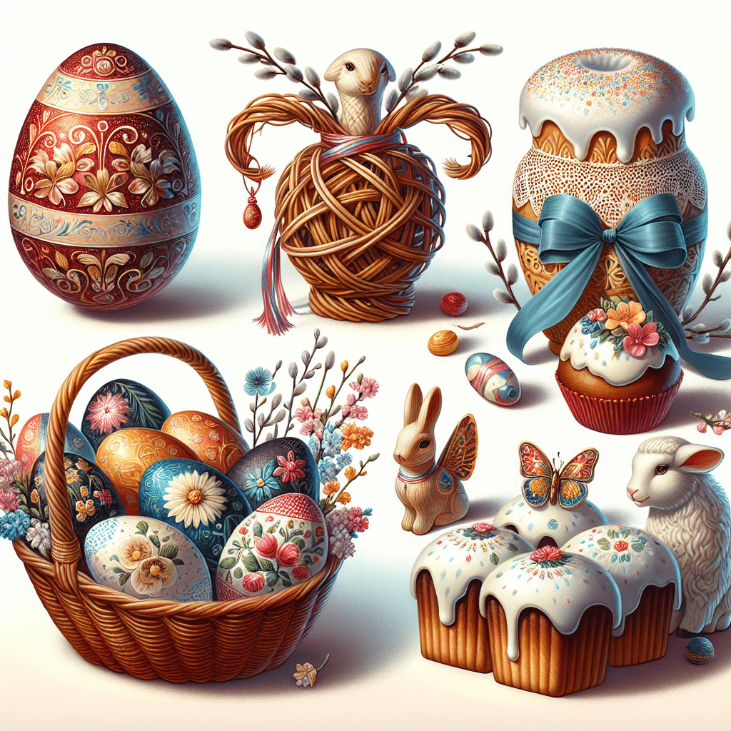 A visually appealing representation of five unique, heartwarming Czech Easter Monday gifts. 1) A traditional Czech Easter egg intricately painted with floral designs in shades of red, blue and white. 2) A Pomlázka, which is a braided willow twigs adorned with colorful ribbons. 3) A ceramic basket filled with decorated pastries such as mazanec (Easter bread) and beránek (lamb-shaped cake). 4) An Easter lamb figurine made of chocolate, wrapped in shiny foil. 5) A delicate butterfly-shaped lace tablecloth, a symbol of Czech craftsmanship. There are no people in the scene and no text within the image.