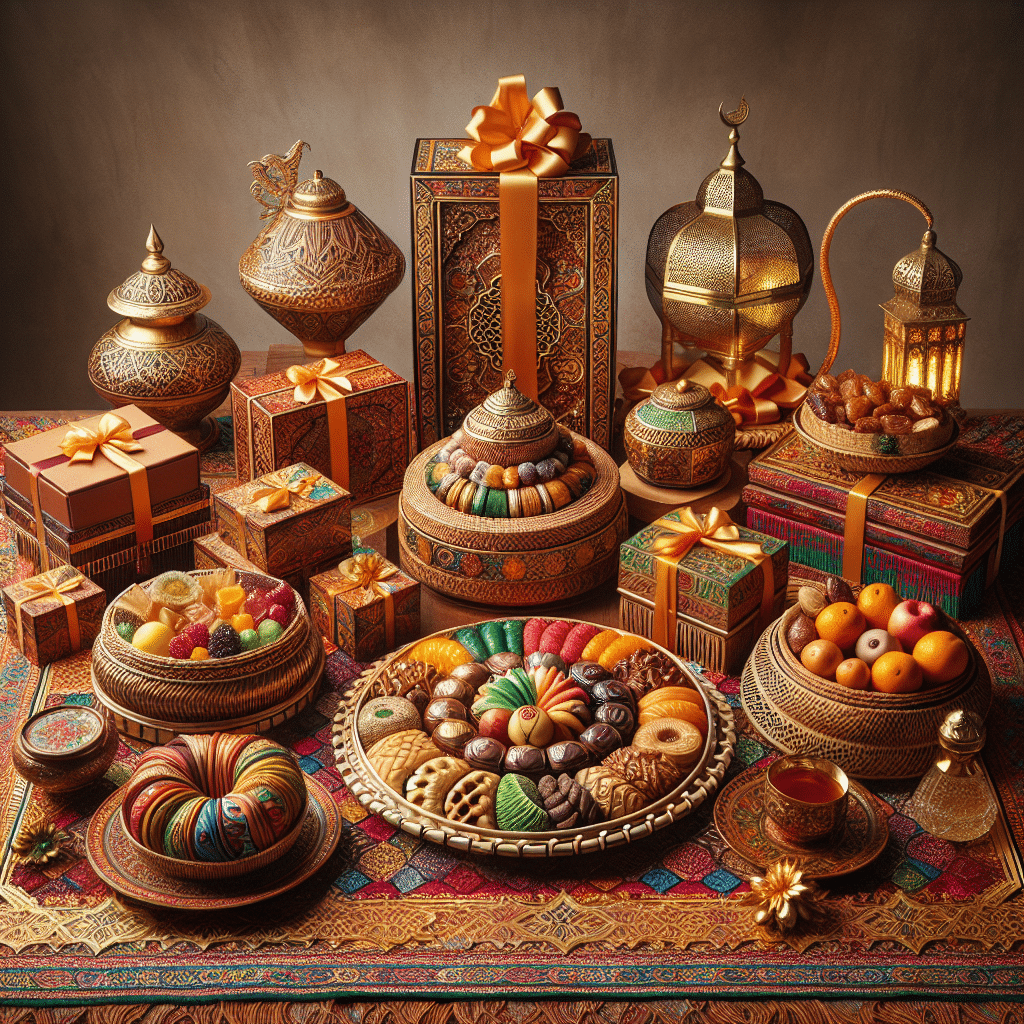 Eight beautifully wrapped gift items arranged in a semicircle to be given during Ramadan breaking of fast in Indonesia. The gifts include an intricately designed ceramic plate filled with delicious traditional Indonesian sweets, a golden woven basket filled with ripe tropical fruits, a box of fragrant Indonesian spices, a jar of thick honey, an exquisite embroidered prayer mat, a vintage brass teapot and teacup set, a beautifully carved wooden Quran stand, and a brightly illuminated lantern. Each item is placed thoughtfully on a richly colored tablecloth with an Indonesian batik pattern design. No people or text are present in this image.