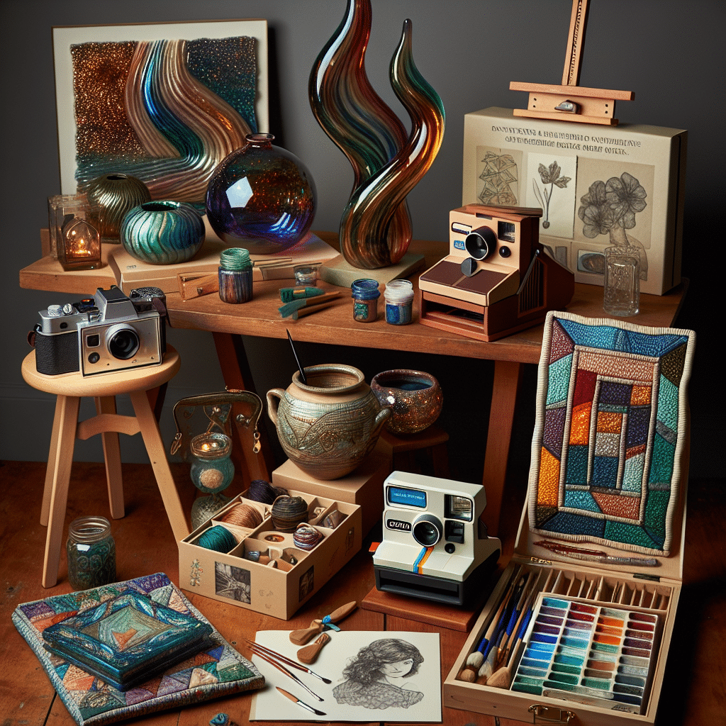 A set of six handcrafted gifts that would exhilarate millennial art enthusiasts, laid out gracefully on a hardwood table. The array includes: 1) A hand-blown glass sculpture inspired by abstract art, shimmering with iridescent colors; 2) A DIY pottery kit with fresh clay, tools, and an instruction booklet; 3) A vintage Polaroid camera restored to its full working condition; 4) A wooden sketchbox easel with paints, brushes, and canvas; 5) A pair of intricately designed, vintage music box echoing an era bygone; 6) A hand-pieced quilt with an abstract pattern, made with vibrant, funky fabrics.