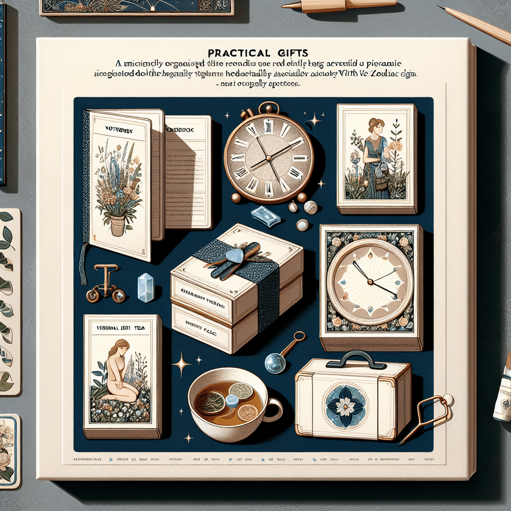 An illustrated collection of six practical gifts catered to the personality traits typically associated with Virgo Zodiac sign. These gifts should not involve any human figures. The collection might include a meticulously organized notebook, a set of sophisticated gardening tools, a beautiful box of assorted herbal teas, a minimalist wall clock, a compact first aid kit, and an elegant crystal-embellished bookmark. Each gift is individually presented, with distinct features and essence of the Virgo sign. The setting is an imaginative backdrop that subtly carries the themes related to earth sign Virgo.