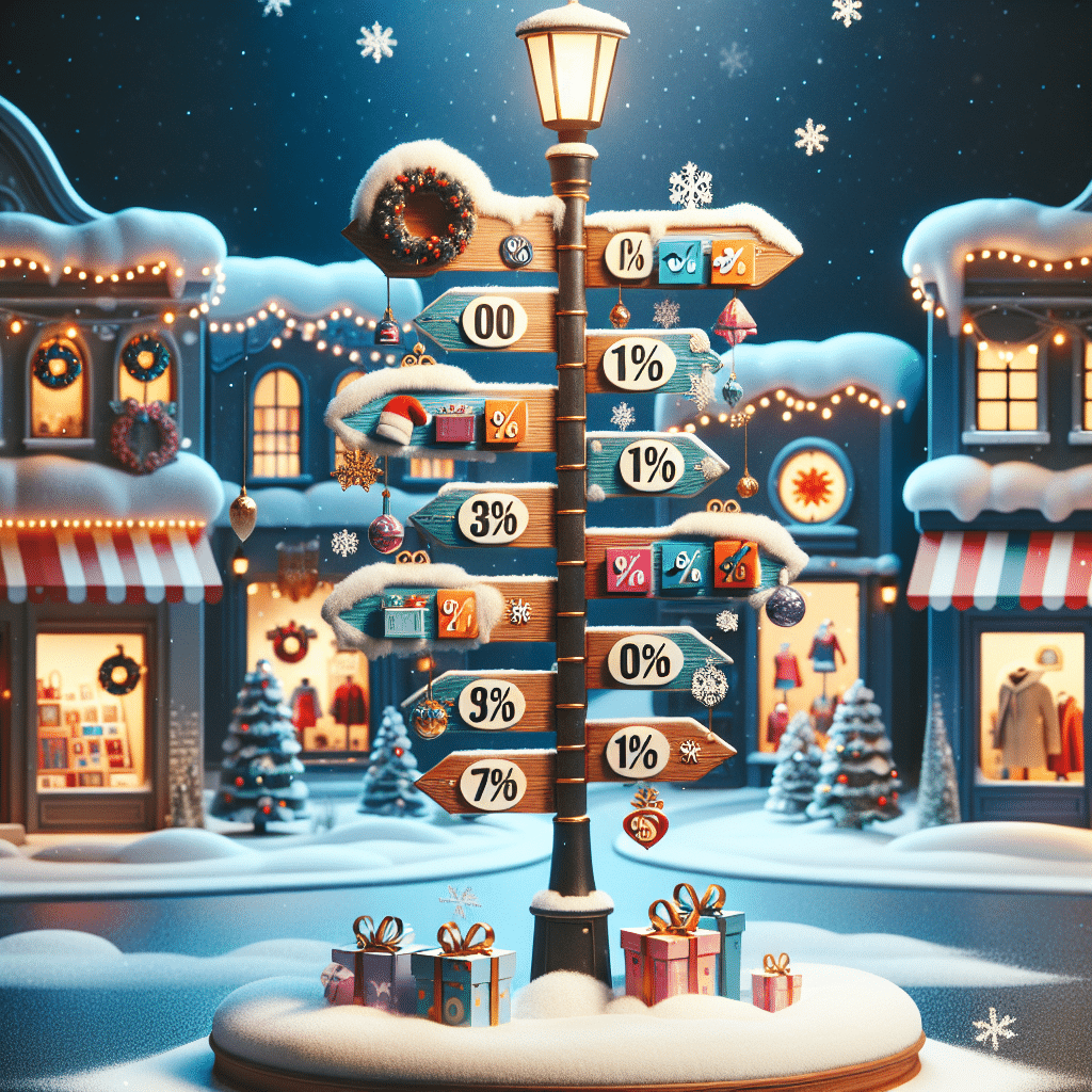 An image representing the concept of holiday shopping without any human presence. Picture a festive and cheerful winter scene of a busy shopping street with decorated storefronts offering dazzling discounts. Each store has various symbols and decorations indicating discounts appropriately representing different categories of shopping such as a clothing store with a cozy winter coat, a toy store with a shining new toy car, and a book store with a freshly released best-selling novel. Foreground includes a snow-covered wooden signpost with 10 different directional signs featuring distinct symbols representing shopping tips like shopping carts, percent signs, and gift boxes, all bathed under the gentle light of a lamppost.
