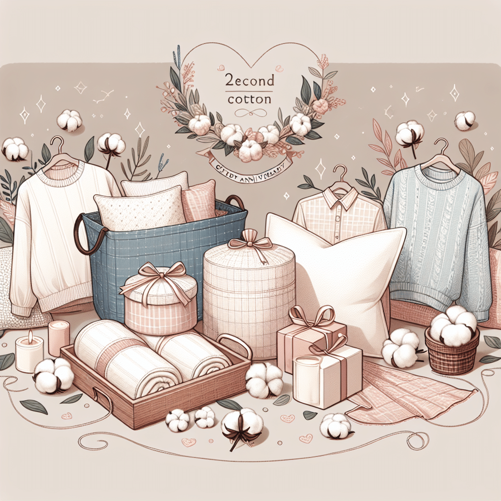 Illustrate a compilation of romantic cotton gift inspirations suitable for a second wedding anniversary. The scene could include elegant cotton clothing, a decorative quilt, or soft cotton throw pillows arranged aesthetically. Please ensure that no text or people are included in the image, focusing solely on the beautiful cotton products and their presentation.
