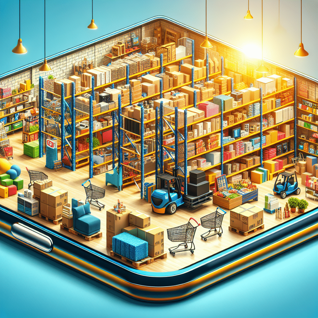 An image showcasing a concept of saving big at a bulk discount store. Illustrate a large warehouse with various items such as electronics, furniture, and grocery items neatly stacked on pallet racking. The scene is vibrant with bright lights highlighting the arrays of products. Add detail of shopping carts and signage indicating discounts and savings. Please do not include any text or people within the image.