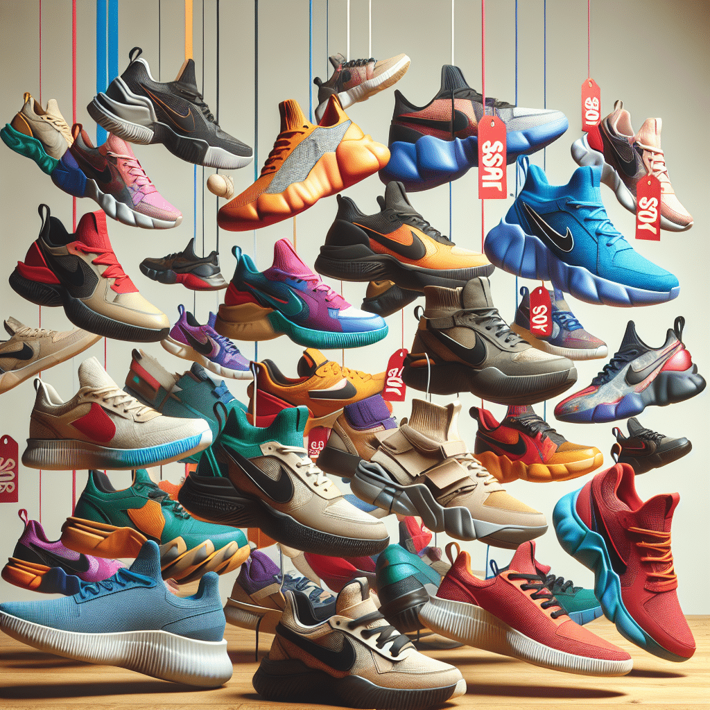 Images of a series of athletic shoes arranged in a fashionable and aesthetically pleasing way against a neutral background. The shoes vary in styles, sizes, and are all in bright colours. Some shoes float in the air, creating a dynamic and exciting visual. Among them are running sneakers, basketball shoes, and trainers. A price tag with a slashed original price and a lower discount price hangs off each pair of shoes, hinting at great discounts. This mimics Foot Locker's store environment but does not include customers or staff.