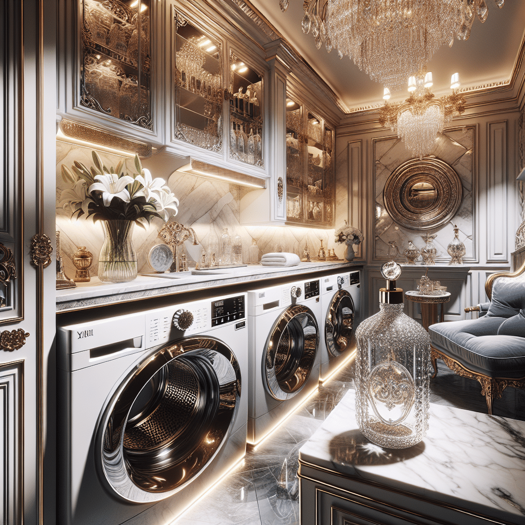 An elegant and luxurious laundry room interior, sparkling clean white machines with metallic accents. Lavish details like ornate cabinet handles, mood lighting, and marble countertops add to the richness. Central to the scene is a glamorous glass bottle of laundry detergent, reflecting the light beautifully. Every surface gleams, highlighting a casual luxury lifestyle. To further emphasize the 'luxury' theme, the room features a plush, velvet lounge chair in the corner, a crystal chandelier overhead, and a vase of lilies on the countertop.