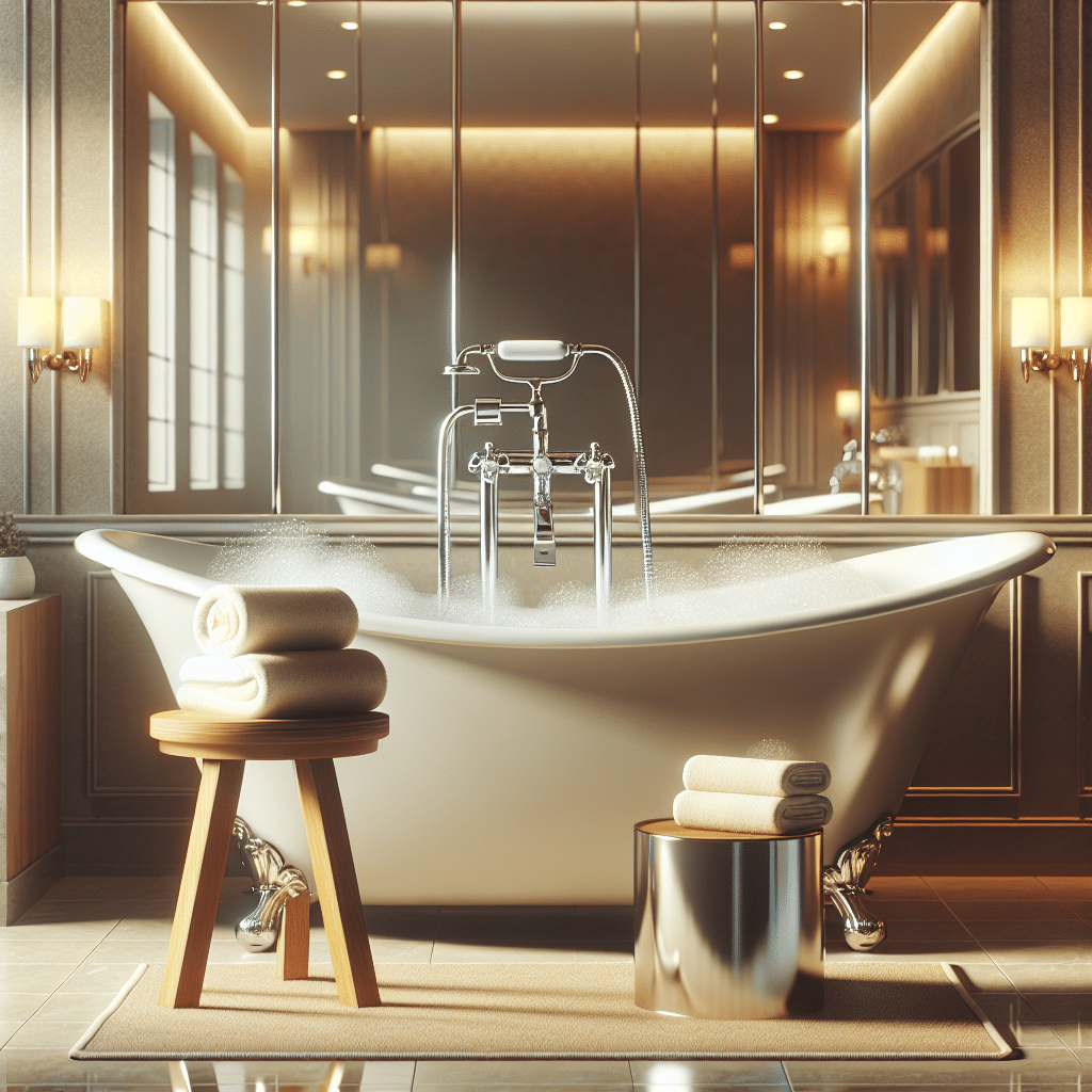 A lavish and luxurious bathroom setting featuring an elegant bathtub with shiny silver metal fixtures filled with bubbly, foamy water. Next to the tub, on a wooden stool, a set of fluffy and plush towels are neatly folded. The towels are displayed in varying sizes: a larger one for the body, a medium-sized for the face, and a smaller one for the hands, all in a calming shade of cream. The bathroom reflects ambient, warm lighting, creating a serene and spa-like atmosphere. No logos, brand names, or people are present in this illustration.