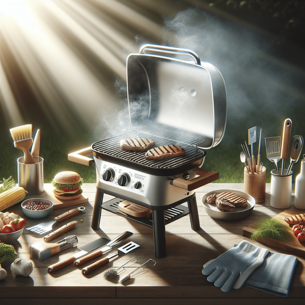 An image portraying an outdoor setting with a small 2-burner gas grill. Rays of sunlight are softly scattering over the scenario. Smoke wafts up from the grill, suggesting it's in use. A variety of outdoor cooking utensils, such as grill tongs, spatula, brush, and a heat-resistant glove lay atop a table adjacent to the grill. Nearby, an assortment of foods including steaks, corn, burger patties, and some vegetables are ready for grilling, resting on a nearby table. All the elements are visible but no brand names, logos, or people are included.