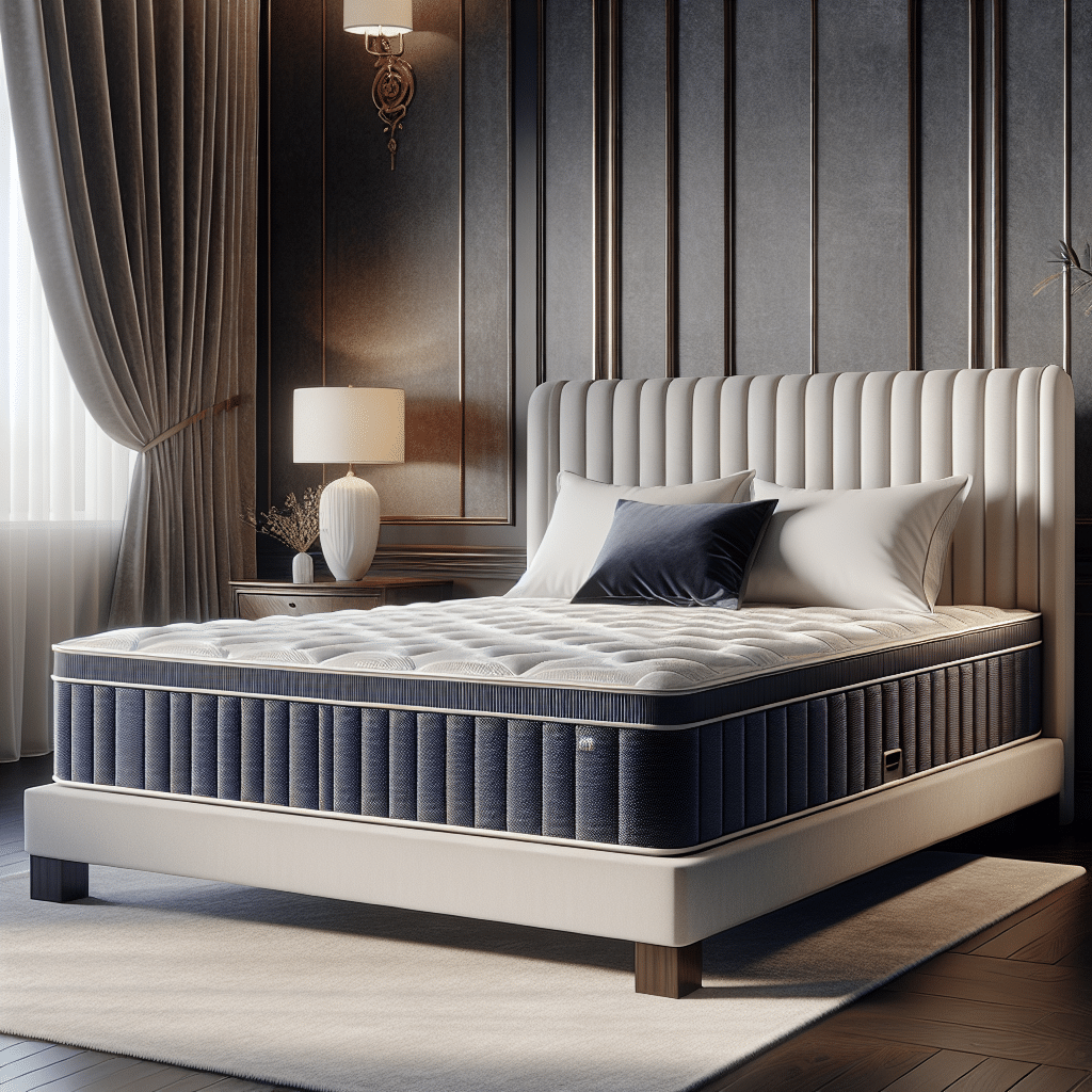 A lavish bedroom setting focusing on a plush mattress resting on a sleek, dark wooden bed frame. The room is luxuriously decorated with silk curtains, tasteful neutral wallpaper, a chic bedside table with a decorative lamp, and a plush carpet. The queen-sized bed is covered in crisp white linen and the mattress itself is indigo, suggesting its comfort and high quality. Note: there won't be any recognizable brand names, logos, or people in the image.