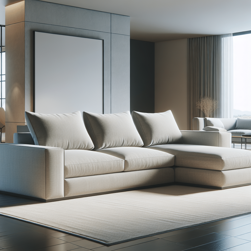 An image displaying a three-seater sofa with an attached chaise. The sofa shows signs of contemporary design sphere, characterized by clean lines and minimalistic aesthetics. The sofa material seems plush and inviting, indicating its comfort. It is placed in a well-lit living room, devoid of people. The room interior has a modern design with tastefully chosen hues that complement the sofa. Ensure no brand names, logos or text are visible in the scene.