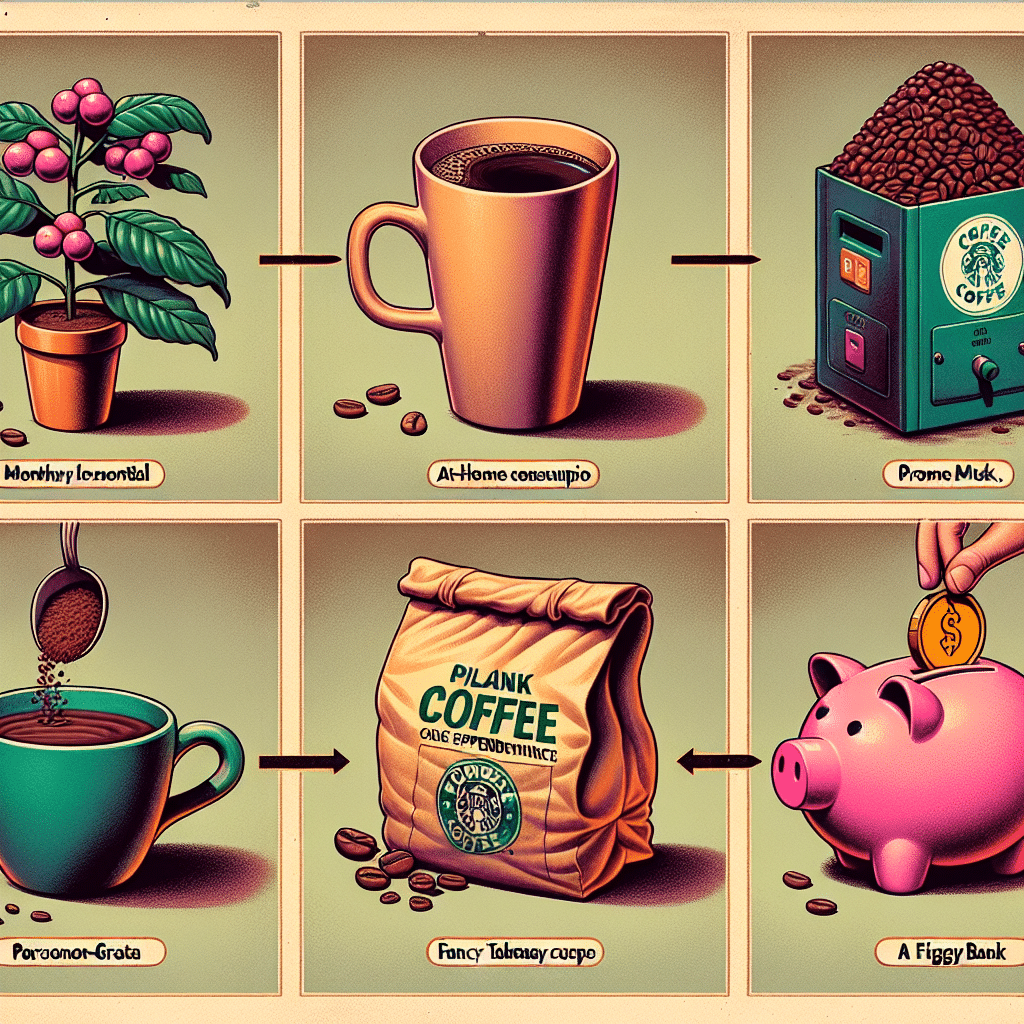 An illustrative image showing a series of steps for reducing monthly coffee expenditure. First, there's a vibrant coffee bean plant acknowledging the raw material. Secondly, a plain coffee mug, evidencing at-home consumption juxtaposed against a persona non grata - a fancy takeaway cup. Seen next, a bulk coffee bag symbolizing buying coffee in large quantities. Finally, a piggy bank, expressing the eventual saving of money. The undertones are warm and welcoming, using a harmonious blend of colors. Without any text or human figures, this image silently narrates a story of sustainable spending habits.
