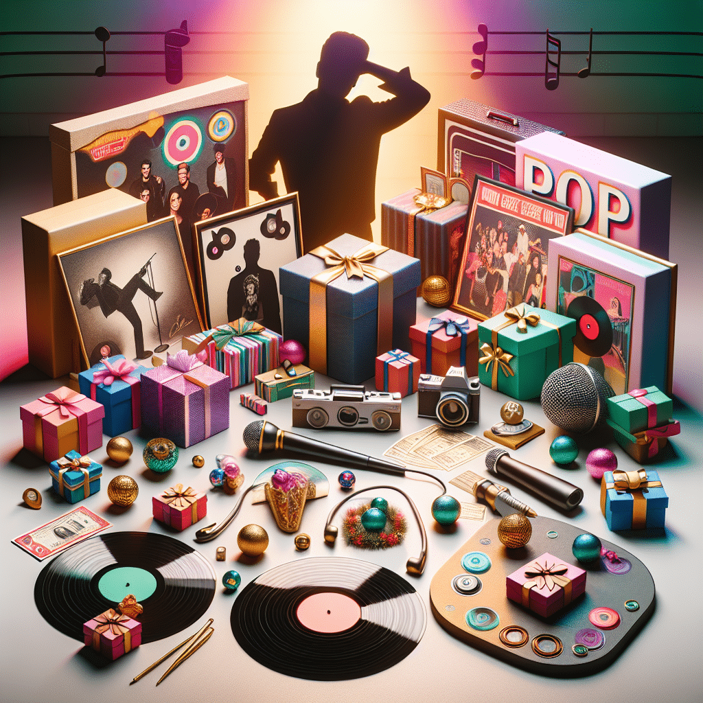An abstract representation of a pop music fan's collection. Various gifts arranged that express appreciation for pop music, without directly referencing any particular artist. Examples include a silhouette of someone posing, a stack of LP records, a microphone, and a collection of concert tickets. The scene should be colorfully decorated and have a festive vibe, set on a table with playful lighting illuminating the unique collection.