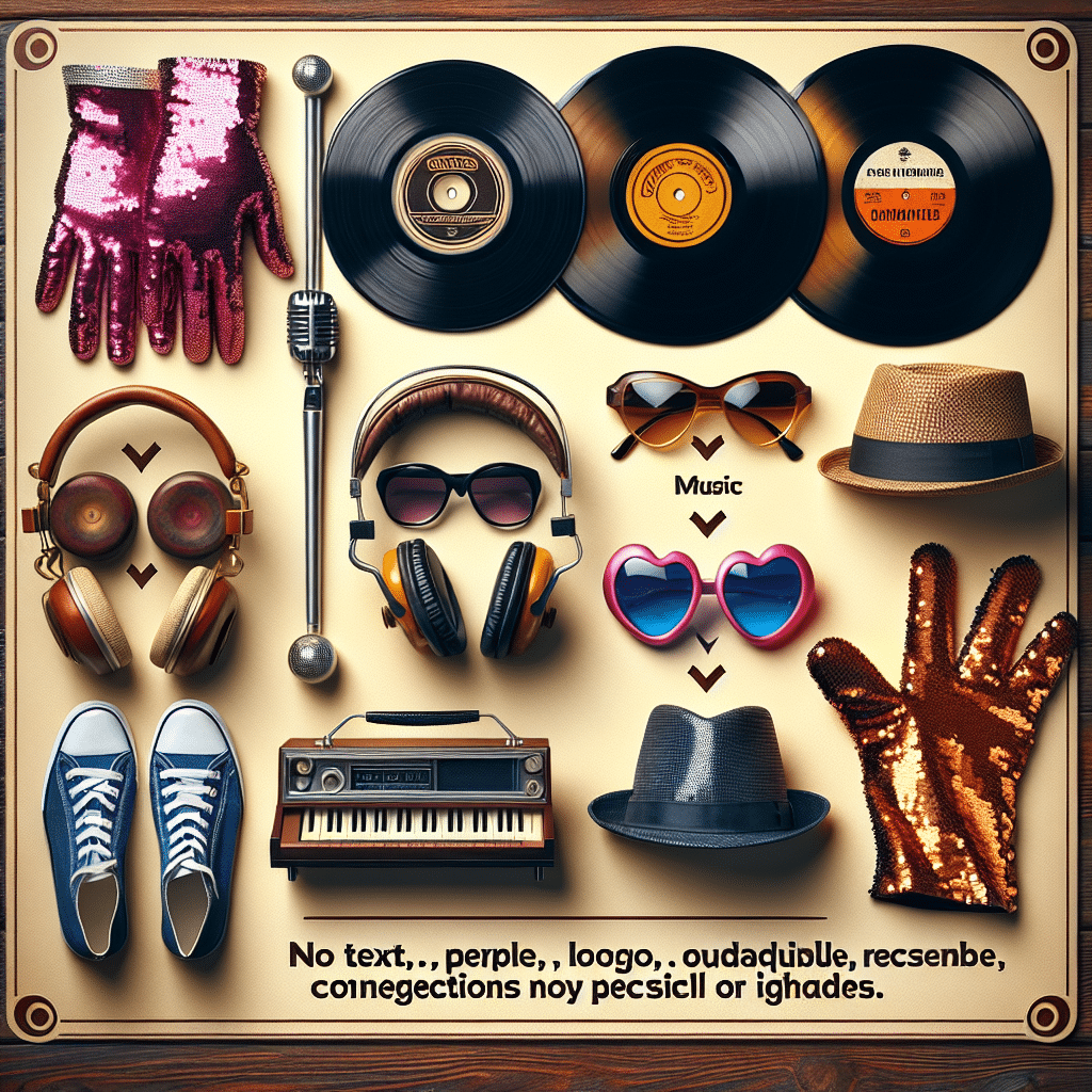 A guide showcasing an array of generic yet popular items loved by music enthusiasts, featuring no specific person or brand. The range includes record-shaped items, vintage style headphones, a sequin glove on a stand, and a fedora hat. A pair of funky sunglasses and a pair of dancing shoes are also shown. Everything is laid out tastefully on a mahogany table with a warm, inviting background. Note, no text, people, brand names, logos, or recognisable connections to any notable figures are to be visible in the image.