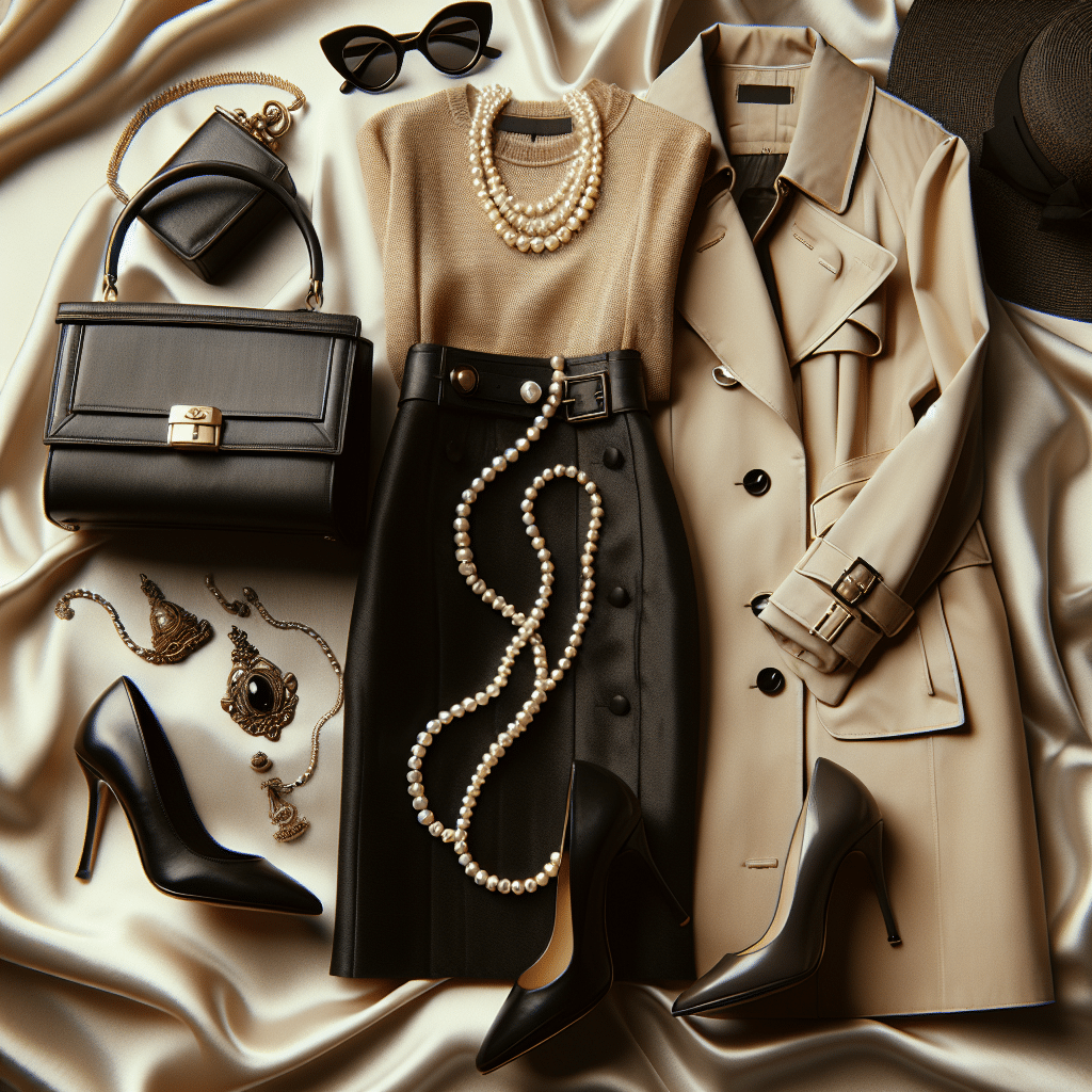 An ensemble of elegant, timeless fashion pieces arranged elegantly on a silky fabric. The assemblage includes a classic black pencil skirt, a pearl necklace, a chic beige trench coat, and a pair of high-heeled court shoes. Abstractly, a pair of vintage round sunglasses rests beside a small, structured handbag. The scene avoids any branded logos or labels, focusing entirely on the crafted materials and quality design. The style encapsulates the essence of sophistication, capturing an essence comparable to luxury fashion without the premium price tag. The overall theme is reminiscent of modern Parisian chic, while maintaining its independency.