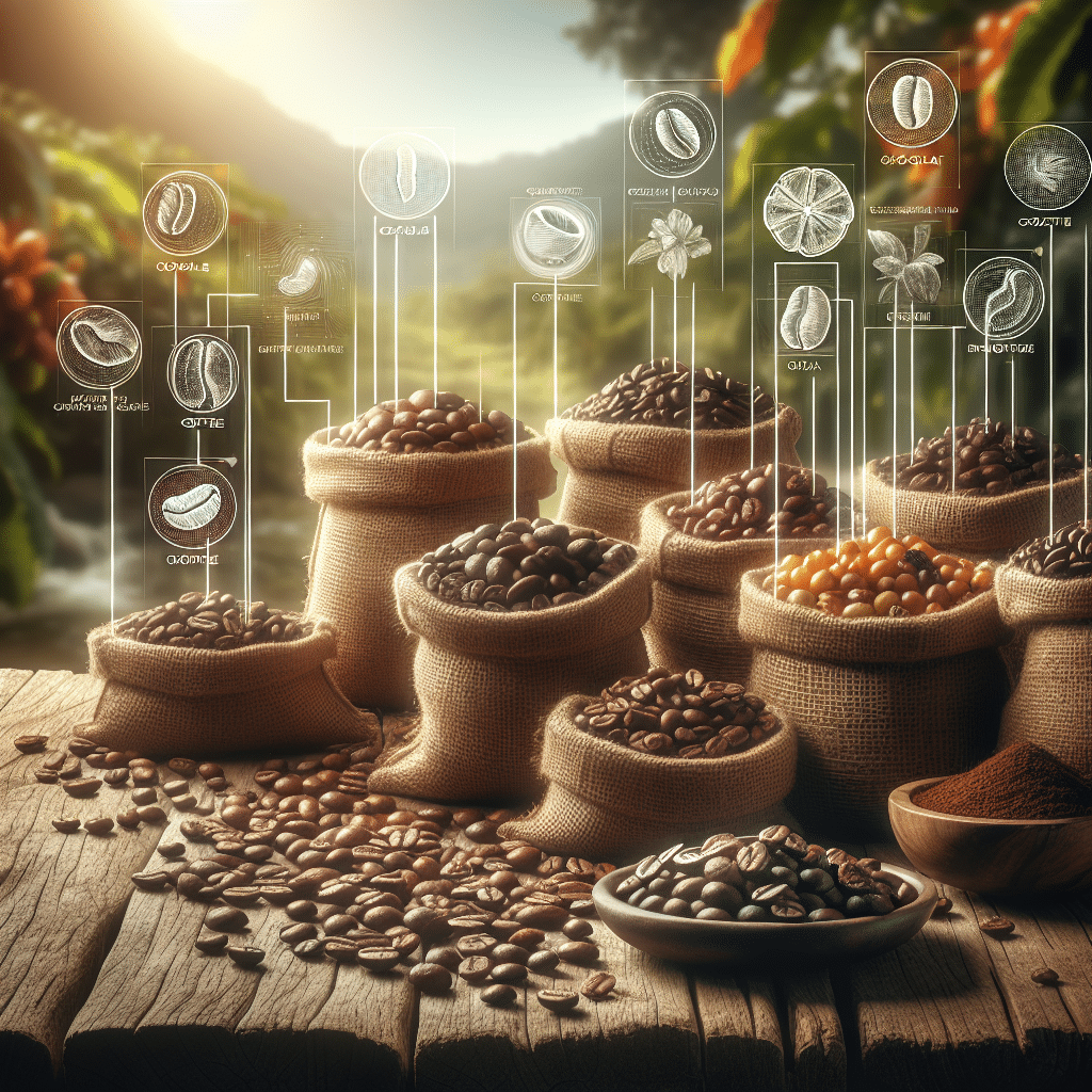 An enticing image showcasing an assortment of high-quality coffee beans from various regions around the world, each with distinctive characteristics. The beans are shown in open hessian sacks, spilling out onto a rustic wooden table. Illuminated by warm daylight, the beans have a rich, shiny color varying from light to dark brown. Diagrammatic lines flow from each different type of bean to illustrate various flavor notes such as chocolate, citrus, or floral. In the background, there are blurred coffee plantations, embracing the nature where these beans grow. No text or humans can be seen in this image.