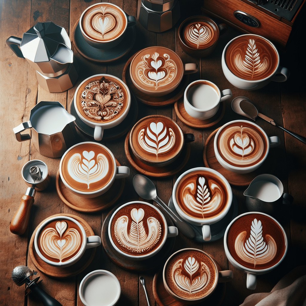 An array of delicious latte art displays created by a home barista. The image should showcase a variety of patterns, such as a heart, a leaf, and a swan, carefully poured into white mugs of frothy coffee. Each beautifully arranged latte should be set against a warm, rustic wooden table. Include essential tools and equipment like a stainless steel milk pitcher, a sturdy espresso machine, and a precise tamper nearby. The environment is cozy and inviting, resonating with a comfortable home kitchen ambiance. Remember, the image should not contain any text or human figures.