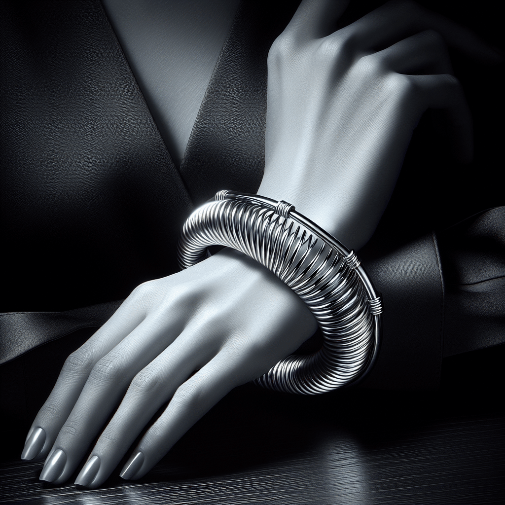 Depict a wrist bracelet with an elegant design. The bracelet should incorporate thick wire-like features, giving it an iconic look. The jewelry should be showcased against a sleek and minimalistic backdrop, emphasizing the bracelet's unique and elegant appeal. Avoid including people, logos or any identifiable brand names. The main focus should be on the sophistication of the design, showcasing its allure and timeless elegance.