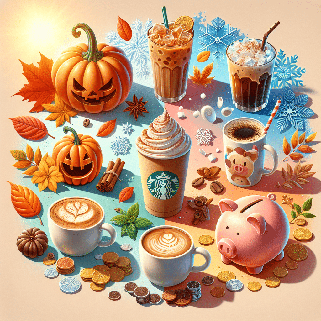 A visual display of seasonal coffee flavors and drinks, such as pumpkin spice in autumn leaves, peppermint mocha surrounded by snowflakes, iced coffee in a bright and sunny summer setting, and a warm cup of coffee in a serene spring setting. Next to each seasonal coffee drink, there are piggy banks denoting savings, with icons of coins jumping into the piggy banks. The image is devoid of any text or human figure.