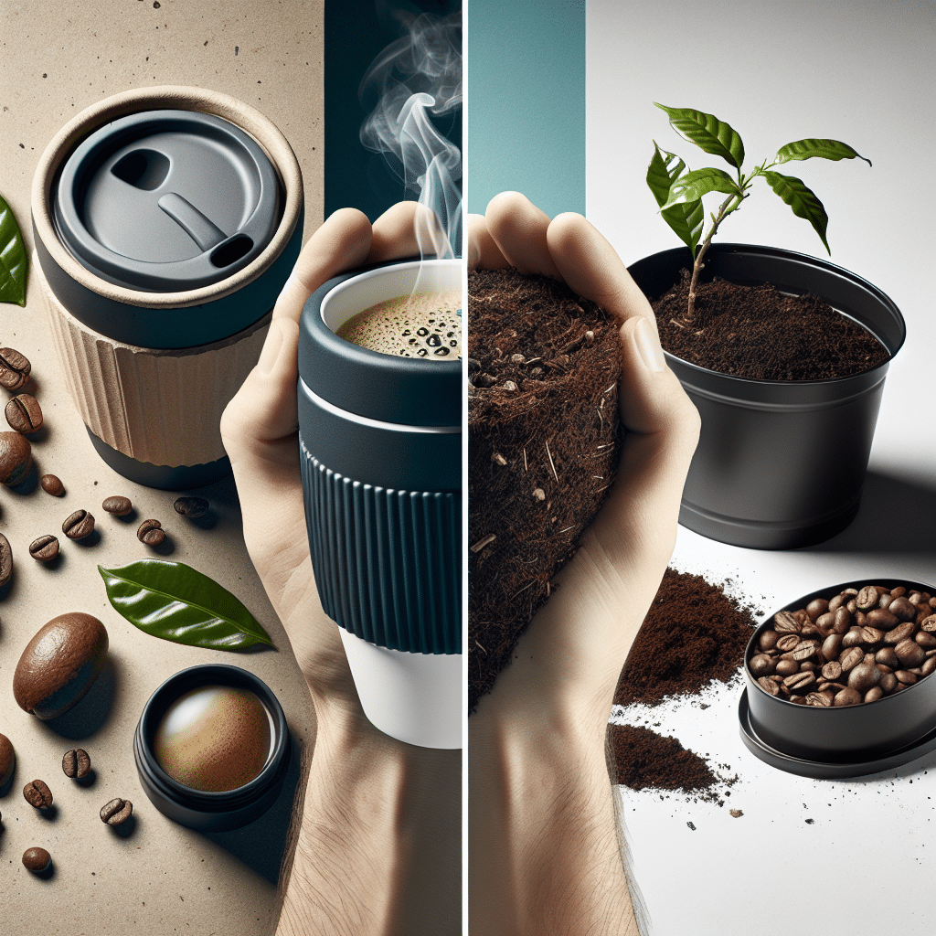 An image showcasing a sustainable approach to coffee drinking. On one side, a eco-friendly, reusable coffee mug rests on a surface, steam rising from its top, indicating its fresh contents. Surrounding the mug are coffee beans, suggestive of its contents. On the other side, a compost bin sits, filled with used coffee grounds, ready to be transformed into soil amendments. In the middle, a pair of hands cradle a small coffee plant, symbolizing growth and sustainability. Notably, these hands belong to an unseen person following the request made.