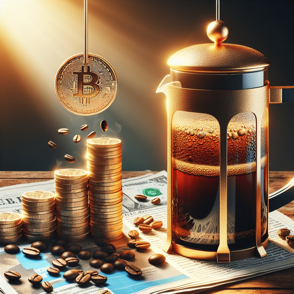An artwork reflecting a cost-saving concept related to coffee consumption. Depict a shining golden coin dropping into a transparent and glistening French press, which is filled with rich, dark coffee. The coffee pot stands on a wooden table, surrounded by coffee beans and newspaper clippings showcasing decreasing dollar amounts. All set against a bright morning light