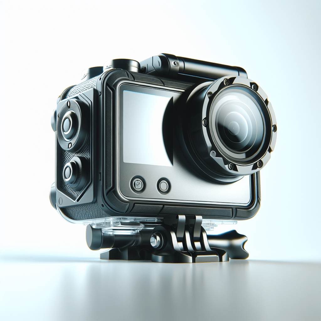 A futuristic digital action camera equipped with a plethora of features, a sleek black frame, and a handheld accessory with a rugged and water-resistant casing designed specifically for thrill-seekers. The camera is situated against a backdrop of pristine white to signify purity and technological excellence. It is known for its superior quality and power, made for capturing high-resolution images and videos in extreme environments such as under waters and rocky terrains. Note: The camera is depicted in the image without any humans, brand names or logos, and does not contain any text.