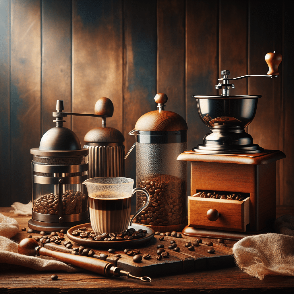An inviting composition featuring various elements that elevate the coffee experience without breaking the bank. To the left, high-quality, freshly ground beans spill from a cloth bag. In the middle, an elegantly displayed French press with a wooden handle exudes warmth and sophistication. To the right, a hand-cranked coffee grinder and an infuser rest against a stained wooden background, symbolizing the rewards of manual labor. In the foreground, there's a latte art kit, and in the backdrop, the diffuse glow of a warm, cozy environment.