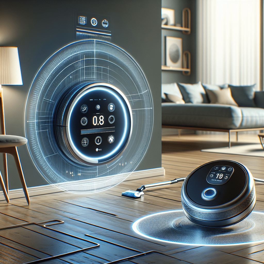 Illustration featuring a futuristic circular vacuum cleaner, with advanced technology highlights. The robotic cleaner is navigating efficiently in a contemporary living room setting, seamlessly sucking up dust from a hardwood floor. Near it, a sleek, minimalist charging dock is visible. The aesthetics of the scene is conducive of the year 2023, with modern furniture and decor interspersed. The image perfectly encapsulates high-tech, automated home cleaning with no humans in sight. Avoid brand names, logos, and text in the image.
