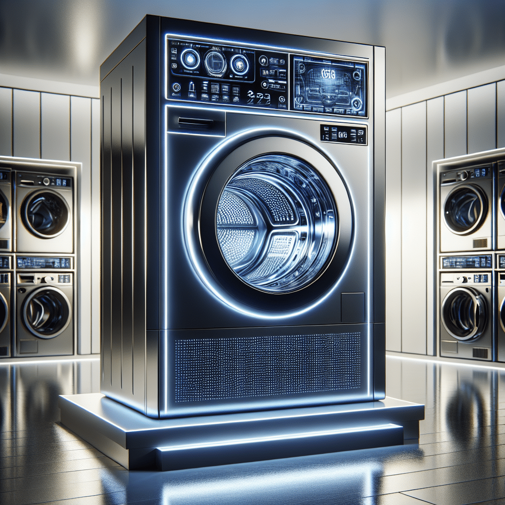 Picture a gleaming high-tech washing machine, futuristic-looking with an abundance of advanced features, taking the center stage in an unbranded way. The digital panel reveals technologically superior settings, signaling the machine's excellence. The machine resides in a modern, pristine laundry room, subtly signifying the year 2023. In the background, other washing machines are dwarfed in size or shadow, representing the notion of outperforming the competition. The setting is bathed in neutral lighting, showcasing the supremacy and dominance of the featured washing machine without any visible logos or brand names. This machine marks the epitome of functionality and style for future appliances.