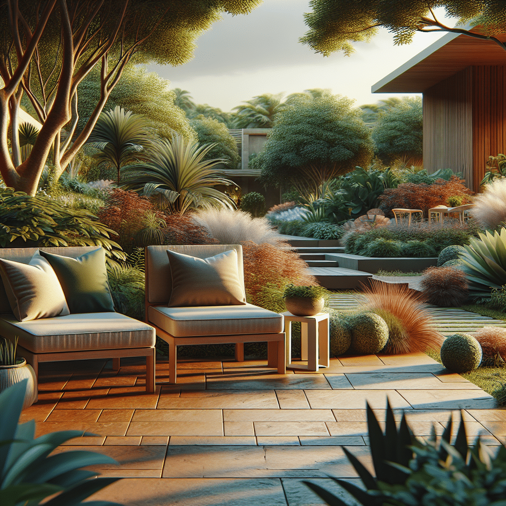 Illustration of a cozy outdoor setting, featuring a minimalist twin-seat garden furniture piece made of weather-resistant design, nestled amidst lush vegetation. The seating is accented with comfortable cushions and is placed on a patio constructed of warm, natural stone. The surrounding garden is beautifully manicured, with a variety of well-tended plants and flowers adding colors and texture. The atmosphere is serene, with the golden light of sunset casting a soft, warm glow on the scene, inviting the viewer to imagine their personal retreat. Please note there should be no text, logos, brand symbols, or people in the image.