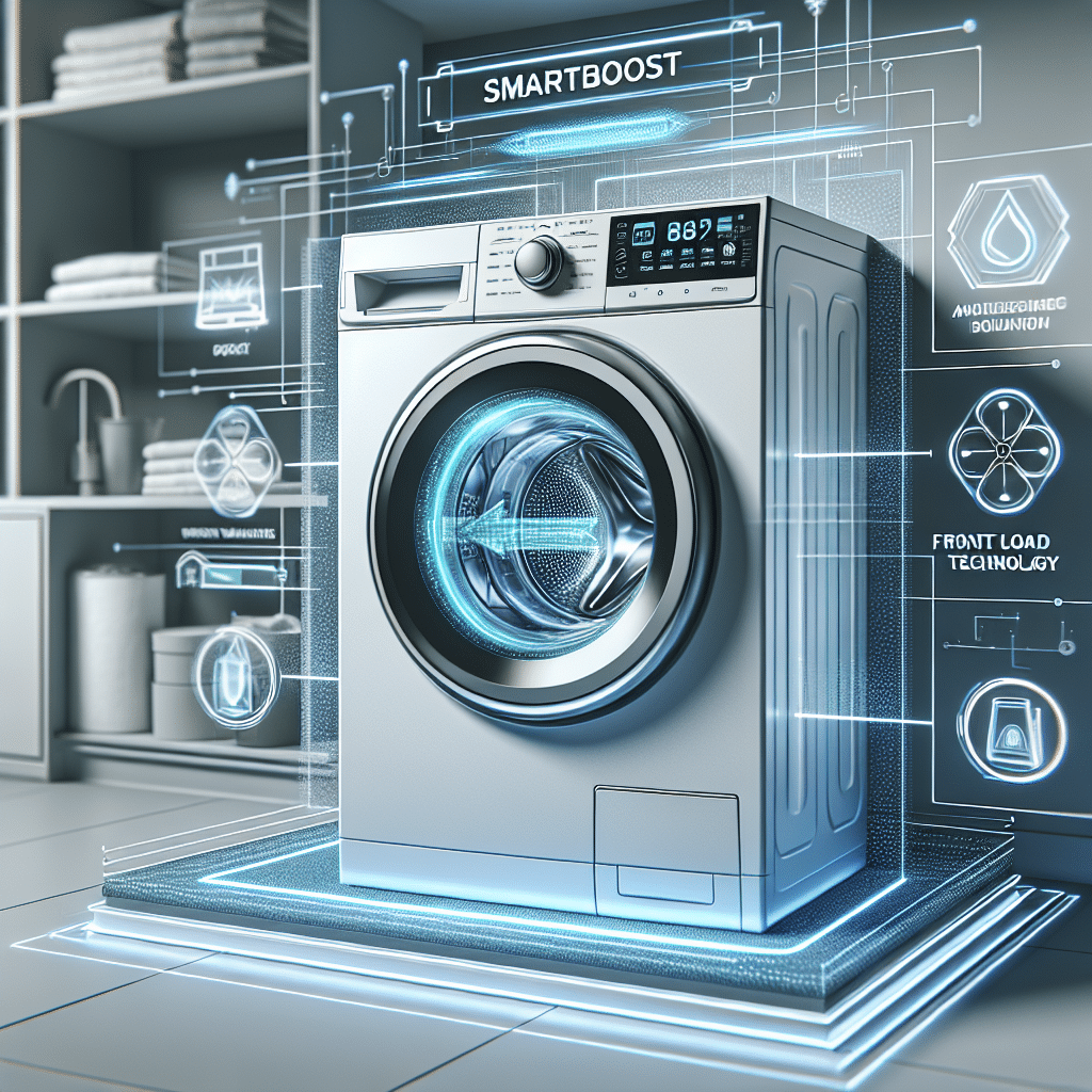 An illustration of a modern, high-tech front load washing machine with unique SmartBoost technology. The machine is sleek and clean in design, without any brand names or logos. The machine is in an environment that communicates innovation and revolution, such as a futuristic, minimalist laundry room. The washer is in operation demonstrating advanced functions, possibly with animated arrows or symbols around it to indicate enhanced washing mechanisms. The features of the machine, like a front load door and controls are clearly depicted. This scene does not include any people or any text.