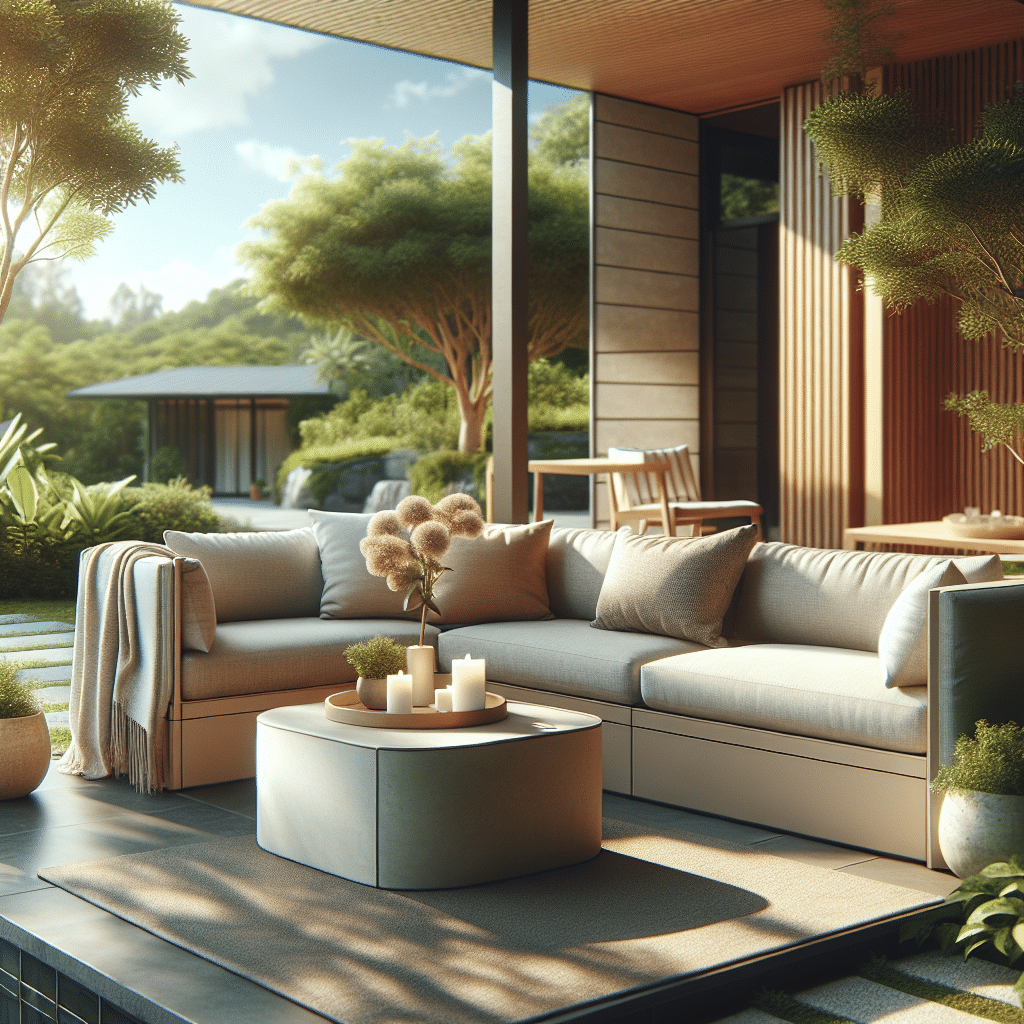 A comfortable and plush outdoor sofa located in a well-designed open-air living area. The furniture is characterized by its clean lines, high-quality materials, and longevity. The space has a warm and inviting ambiance, with potted plants, throw pillows on the sofa, and a soft blanket draped over the armrest, illustrating a cozy, homey scene. Surrounding the living area are serene natural elements – lush greenery, a stone path, and a glimpse of a clear blue sky.