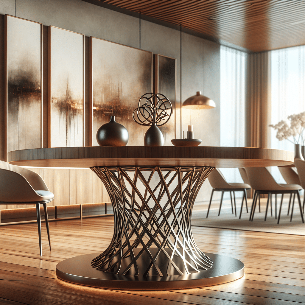 An image symbolizing an in-depth article review about a round dining table with a unique base. The table is sleek and modern, made from smooth, shiny wood and supported by an intricate metal base. The base has a geometric design, a stark contrast against the simple roundness of the tabletop. The dining room in which this table is placed has a modern design aesthetic, with warm lighting, floor-to-ceiling windows, and unbranded abstract artworks on the walls. The setting perfectly showcases the table, the main focus of the image, with its prominently featured intricate base.