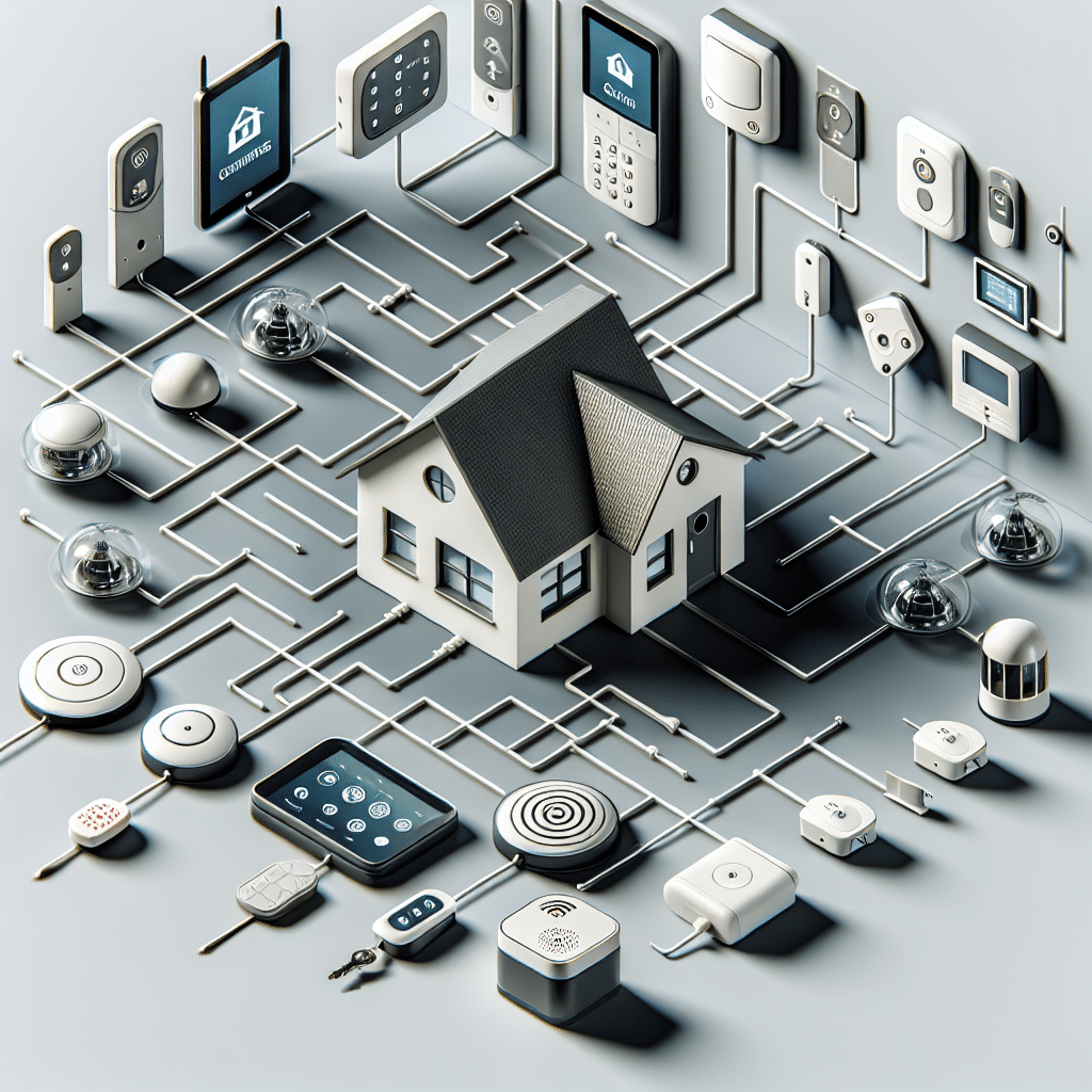 An image representing a comprehensive home security system, shown through various interconnected components deployed around an abstract, stylized representation of a residential structure. The various components should include a wireless extremely modern keypad, motion sensors, glass break detectors, indoor sensors, and a panic button. Also include a siren, and a backup battery system. Do not show any brand names or logos, or any people present within the image. The design should be modern, sleek, and user-friendly, symbolizing both technology and safety.