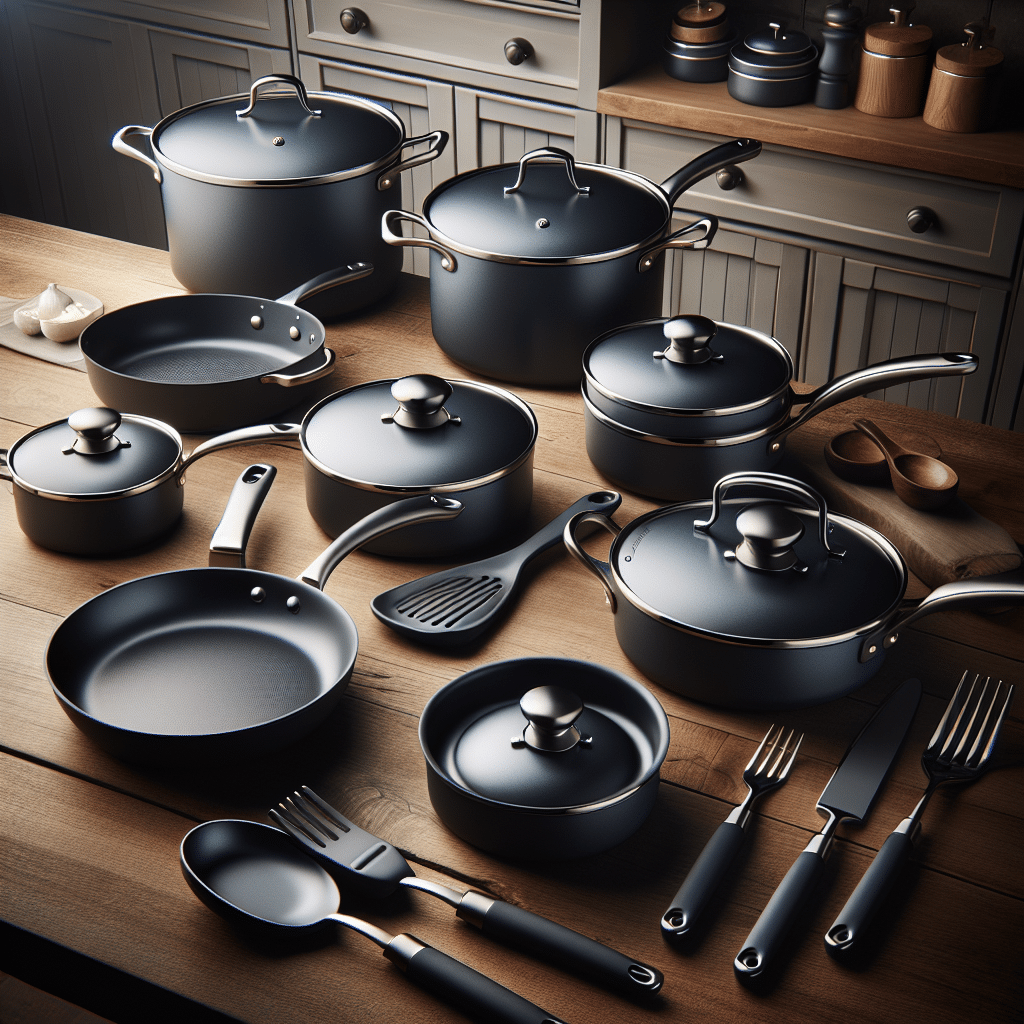 A high-quality cookware set laid out on a wooden kitchen countertop. The collection includes different-sized saucepans with lids and frying pans, all conditioned with a non-stick surface. The utensils have a sleek, professional look, commonly associated with gourmet cooking. Please ensure the brand's name or logo is not shown in the image. The color of the cookware is sophisticated dark gray, while the handles modern and ergonomic, made from stainless steel providing a slight contrast. The entire appearance exudes elegance and functionality, fitting for a cooking adventure review.
