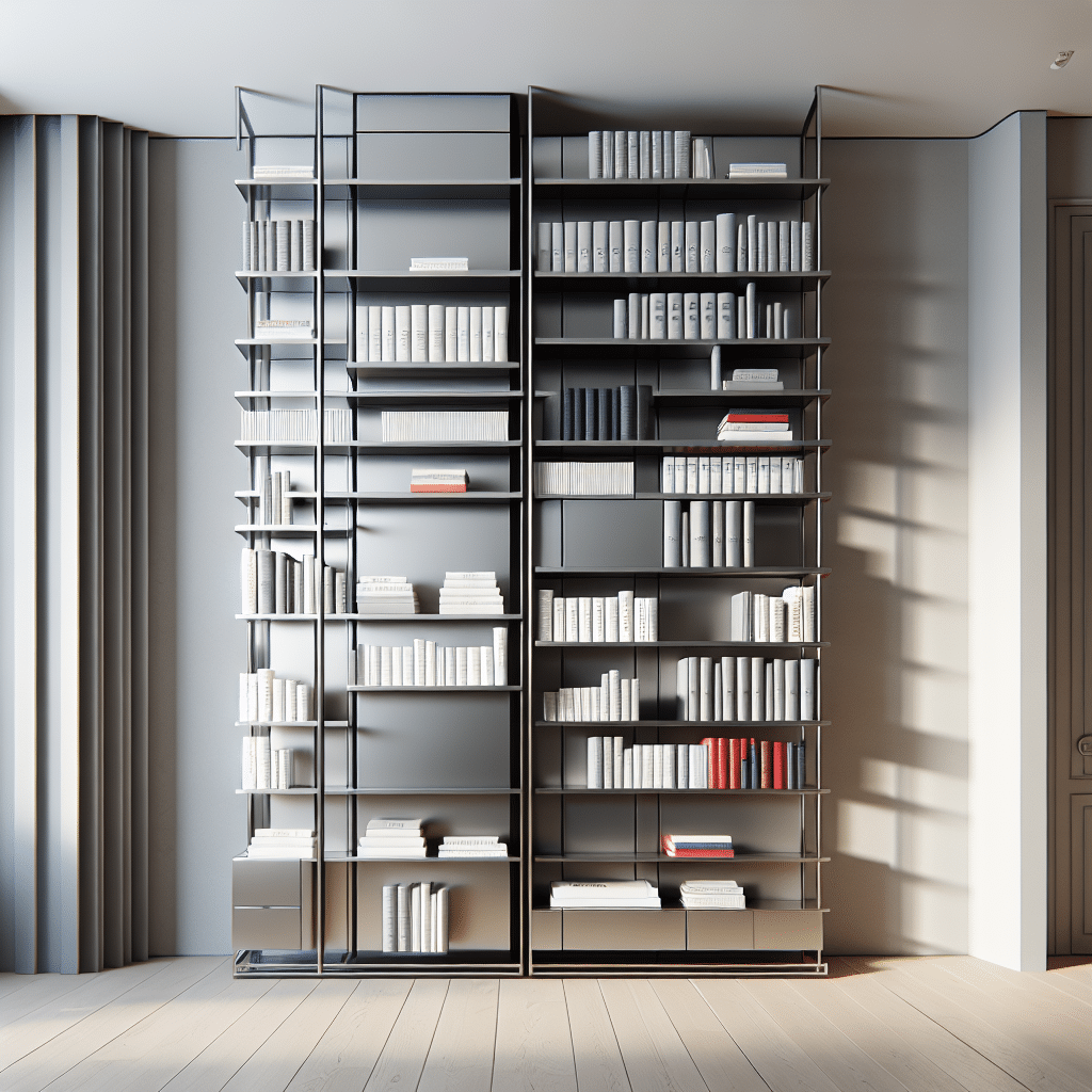 An elegant modern bookcase tower that epitomizes minimalist design. This tower features multiple shelves stacked upon one another, allowing for efficient storage of various sizes of books. The bookcase has a sleek, metallic body, giving it a high-end contemporary look. The shelves of this vertical book tower are filled with books of different colors, shapes, and sizes, showing how versatile it can be for displaying a personal library. No brand names or logos are visible, and there are no people within the frame. The room setting is kept simple to emphasize the elegance of the bookcase tower.