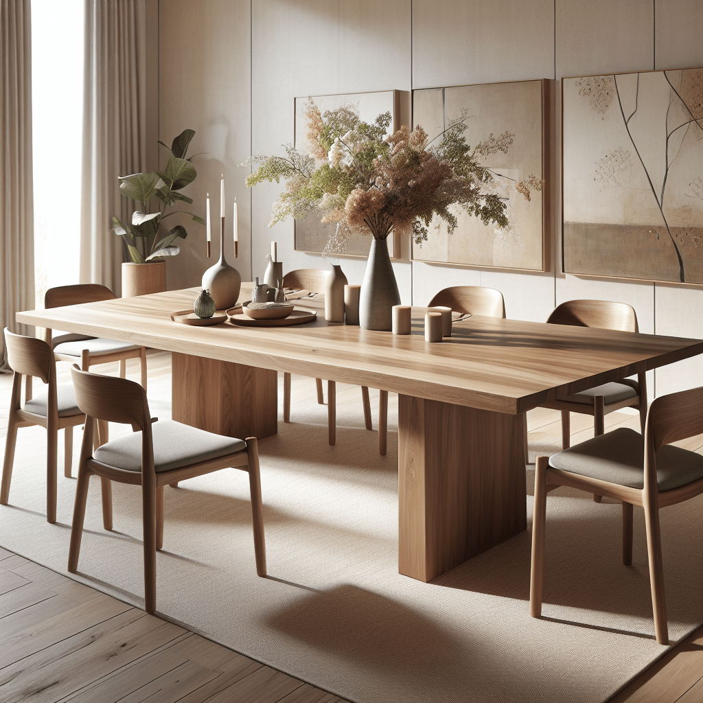 An image showcasing a large, rectangular dining table made of naturally-finished wood. The table has a simplistic yet elegant design, with slightly angled legs and a smooth table top. It's adorned with a stylish centerpiece of seasonal flowers and a couple of contemporary candle holders. Minimalistic high-back chairs surround the table with enough seating for six to eight people. The setting is in a well-lit dining room with neutral colors walls and a modern chandelier. As background details, there are abstract wall arts, resembling the style pre-1912 era, and a softly lit side cabinet.