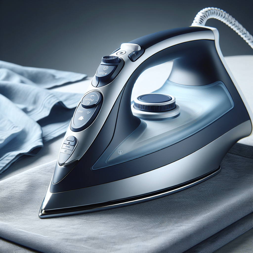 An image of a sleek, modern electronic iron with a retractable feature. The design is precision-oriented, highlighting advanced temperature control buttons and a streamlined shape that emphasizes comfort and ease of use. A soft, non-branded elegance permeates the appliance with a crisp navy blue and silver color scheme. The iron sits atop a neatly spread piece of fabric, symbolizing its primary function. The iron cord can be seen retracting into the body of the iron. In the background, minimalist elements of a typical ironing setting like an ironing board are visible, adding context without overcrowding the composition.