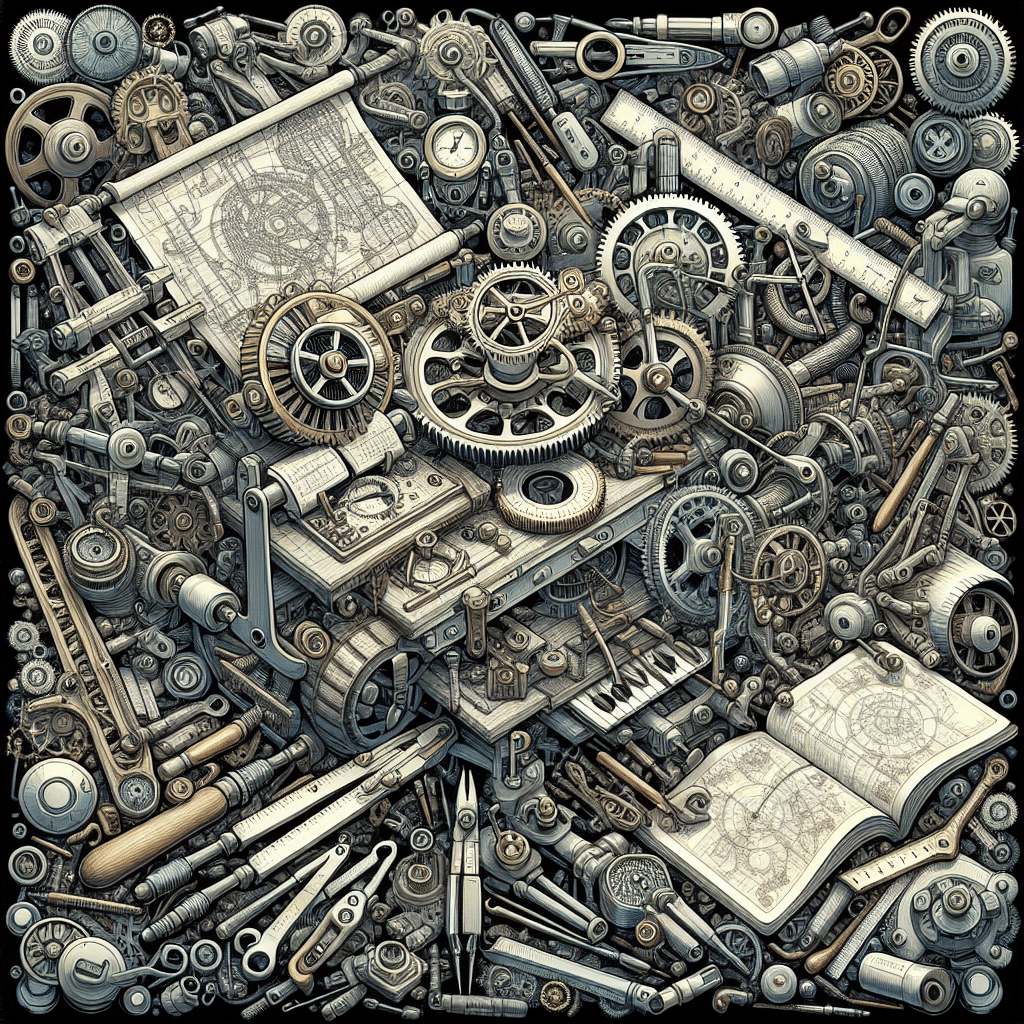 A detailed illustration filled with numerous mechanical tools and gadgets often used by engineers, without any human presence. The image showcases an array of intricately detailed equipment, including a complex gear mechanism, a meticulously designed compass, curly rulers, a vintage drafting table adorned with blueprints, and an assortment of wrenches and screwdrivers. A few robotic arms are seen, appearing to be in the process of creating or fixing a small construct in the corner. There are no visible text, brand names, or logos within the image.
