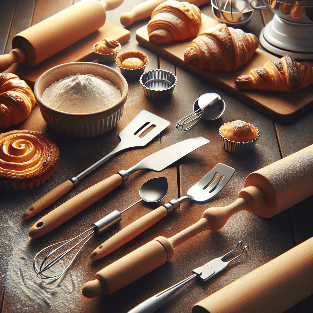 An array of pastry tools without any brand names or logos intended for baking enthusiasts. The image includes a spatula, rolling pin, hand-held mixer, and measuring cups/spoons that are artistically arranged on a wooden tabletop. Also, aesthetically pleasing pastries like croissants, tartlets, and a freshly baked loaf of bread are placed nearby. On the surface, there are sprinkles of flour for added effect. The ambient light coming in from a nearby window bathes the tools and pastries, emphasizing the feeling of love and warmth associated with baking.