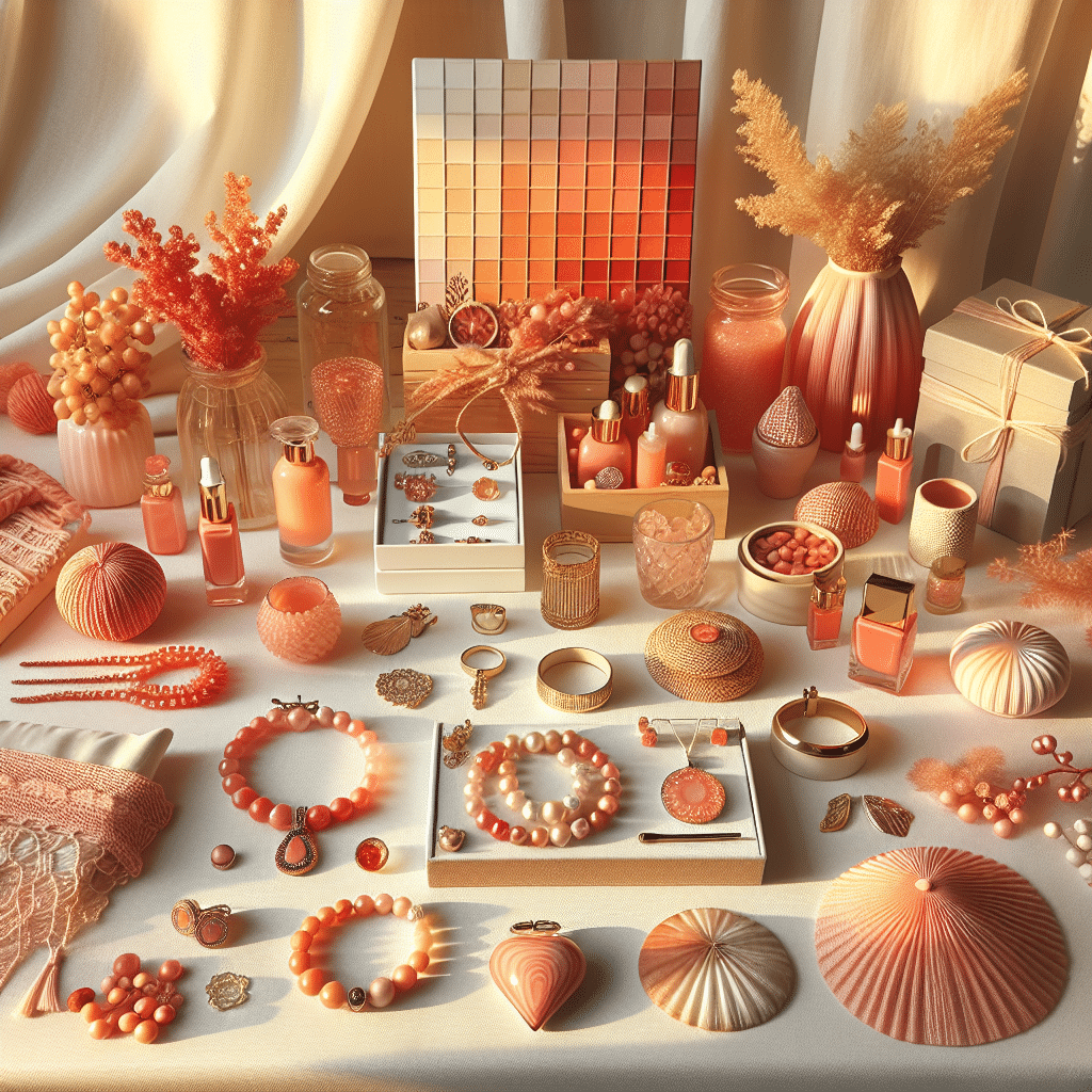 Visualize a collection of coral-inspired gifts to celebrate a 35th wedding anniversary. The scene should feature an array of items in various shades of coral color. It could include items such as jewelry, decor, fashion accessories, and handmade crafts. All items should be exquisitely crafted and carry a hint of luxury. Arrange the objects thoughtfully on a white tablecloth, catching the gentle, golden light of sunset. Exclude any text, brand logos, people, and specific product labels from the image to keep the focus solely on the color-inspired theme and the beauty of the displayed items.