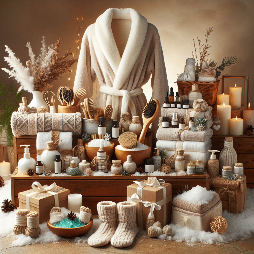 An array of luxurious spa gifts suitable for winter, absent of any human figures. A display showcases a variety of indulgent items such as lush bathrobes, wooden massage brushes, essential oils, and aloe-infused socks. The setting is warm and inviting, with a palette mostly consisting of whites and soft pastels, and several items are dusted with artificial snow to emphasize the wintry theme. Every item used does not have or signify any brand names or logos, and the scene lacks any text. The objects are situated on an elegant wooden table, with a soft, fuzzy rug beneath and a candlelit ambiance.