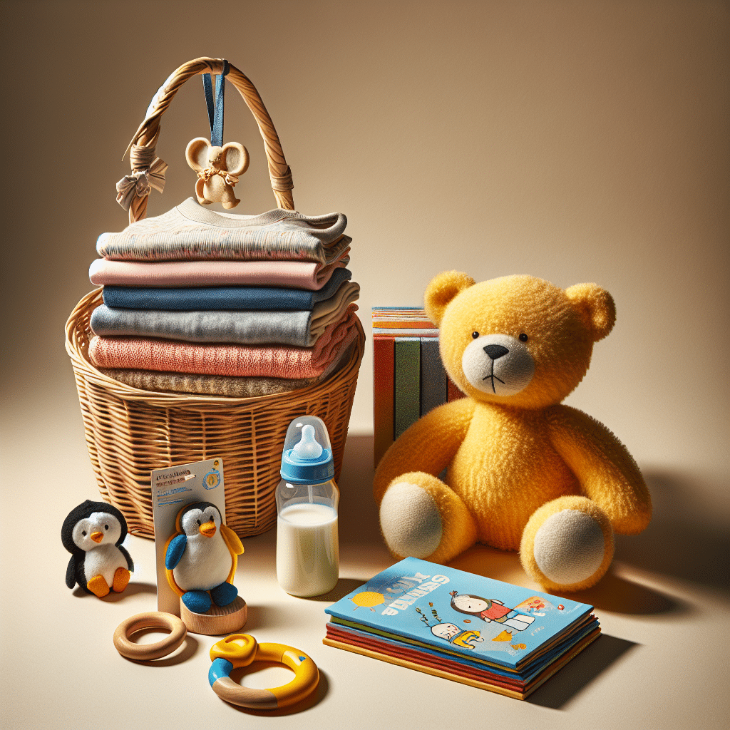 An image illustrating the concept of wallet-friendly gifts for newborns without including any people or brand names. The scene unfolds on a neutral background. It features items such as a soft, plush, yellow teddy bear; a wooden teething ring with a playful penguin charm; a stack of multi-colored, unbranded cotton onesies; a small pile of children's books with simple, colorful illustrations; a clear, unmarked baby bottle filled with milk; and a woven wicker basket all these items are placed into. The high-contrasting colors present an inviting, cheerful mood. The composition is harmonious and balanced.