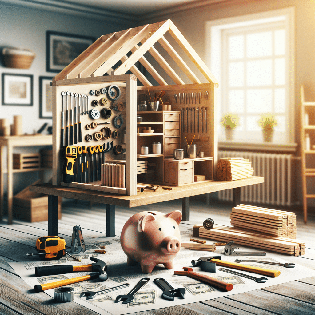 A conceptual depiction illustrating savings on home improvement projects. Picture a well-organized workspace in a residential setting, with numerous tools such as hammers, screwdrivers, wrenches, and a variety of lumber of different sizes. Next to the workspace, visualize an unfinished wooden structure that signifies an ongoing home improvement project. Essential to the scene is a piggy bank, symbolizing savings, set on the worktable amidst the tools and materials. Use soft, warm lighting to give it a homely feel. All branding and text are excluded from the visual.